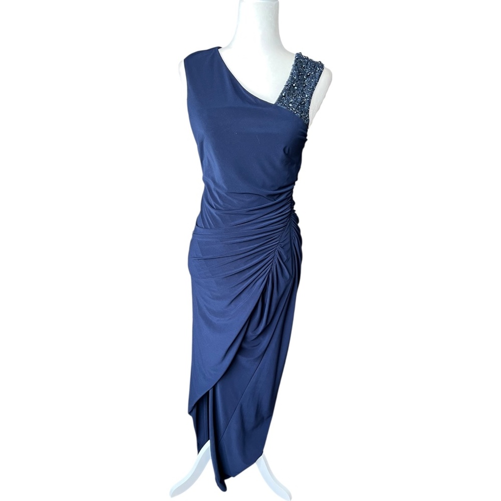 Adrianna Papell Navy Long One-Shoulder Draped Gown 6 NWOT